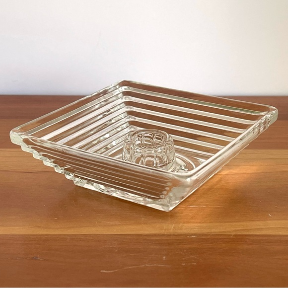 MCM Manhattan Depression Glass Candle Holder Mid Century Clear Art Glass - Picture 2 of 11